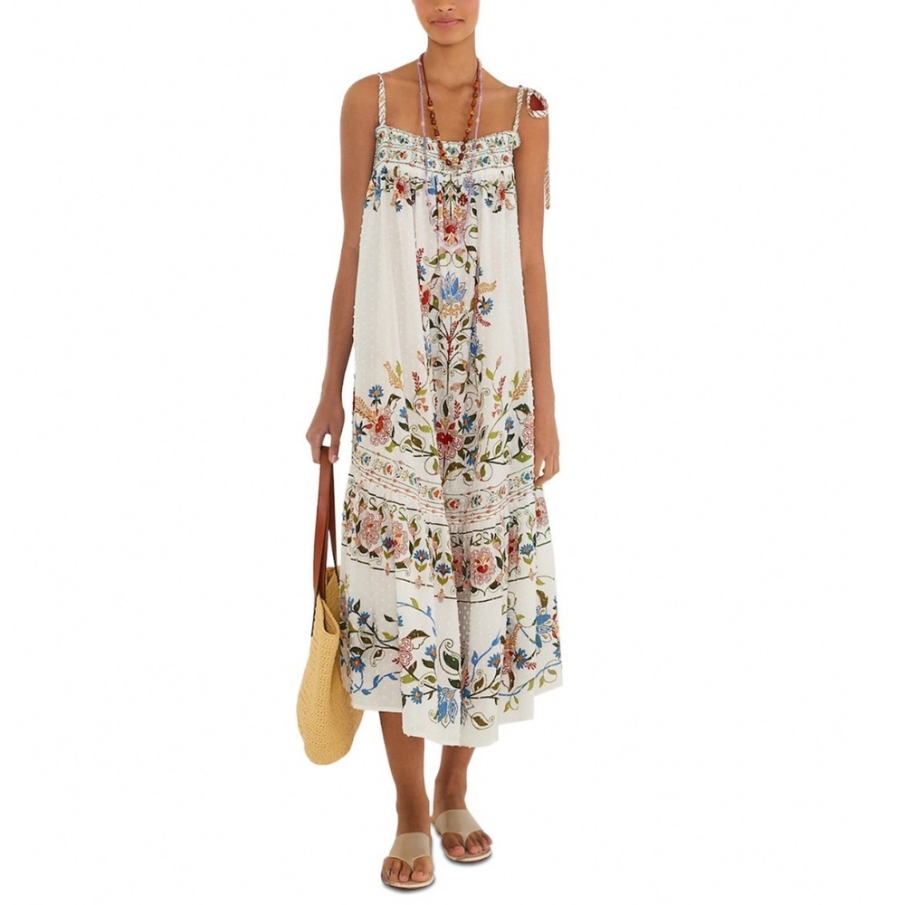 Farm Rio Stitched Garden Long Dress Cover Up Off-White Floral Cotton Large NEW